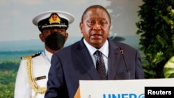 Kenya's President Uhuru Kenyatta speaks at the United Nations Environment Program (UNEP) 50th anniversary celebrations in Gigiri, Nairobi, Kenya, March 3, 2022. 