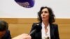 La ministre belge des Affaires étrangères, Hadja Lahbib, s'adresse aux médias à Bruxelles, Belgique, le 26 juin 2023. 